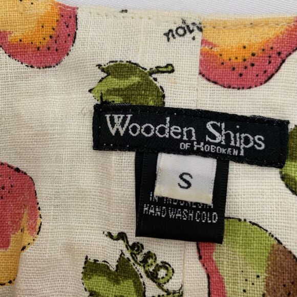 Wooden Ships Dress S 100% Linen Beige Pear Fruit Vintage Funky Cottage Country - Picture 4 of 7